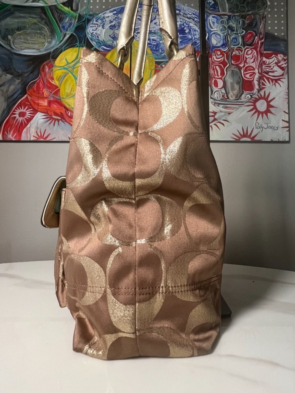 Coach Hampton Weekend Metallic Signature Jacquard Tote Turnlock Satchel 15391 - Picture 5 of 16